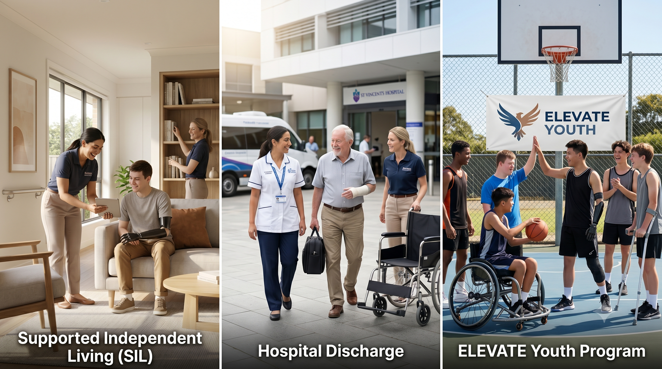 Farrah specialist programs at a glance — Supported Independent Living, Hospital Discharge support, and Elevate Youth Program in Melbourne